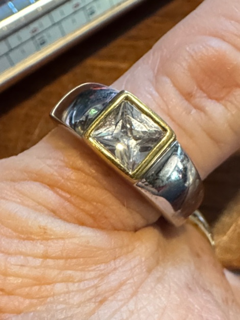 Two-Tone Men's Ring with Square Clear Stone - faux Silver/Gold